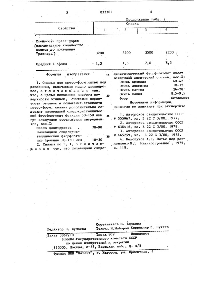 Смазка для пресс-форм литья поддавлением (патент 833361)