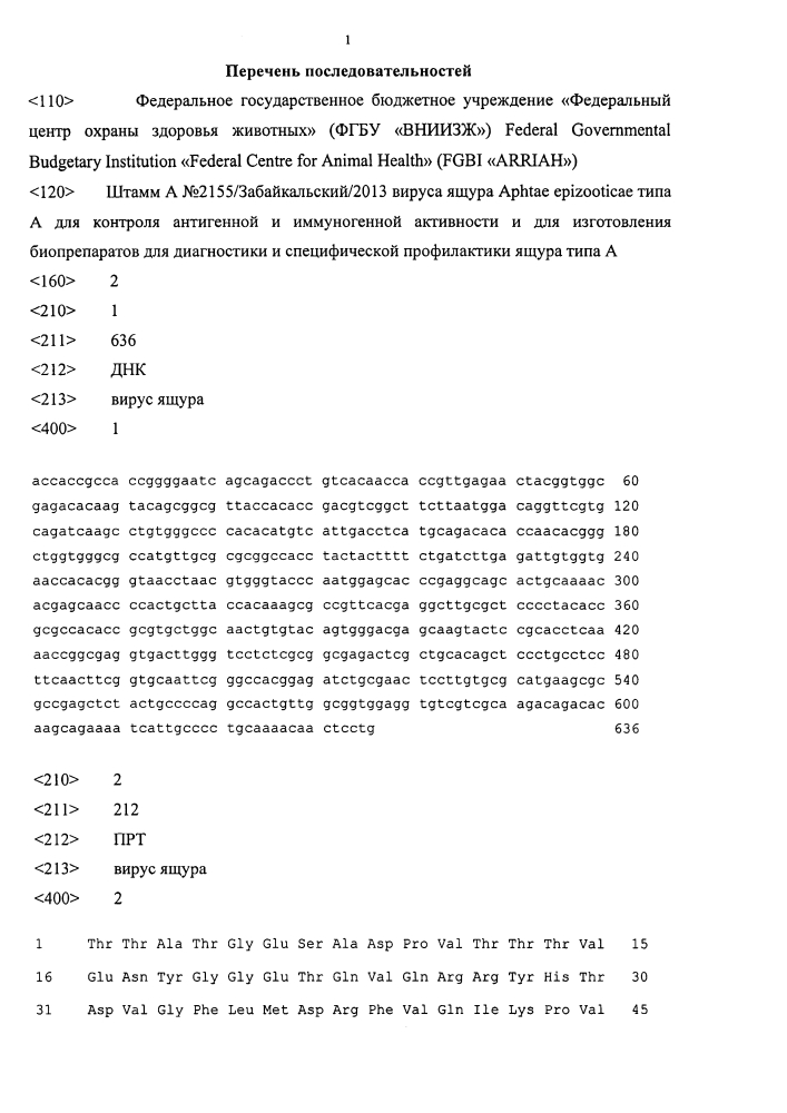 Штамм а n2155/забайкальский/2013 вируса ящура aphtae epizooticae типа а для контроля антигенной и иммуногенной активности и для изготовления биопрепаратов для диагностики и специфической профилактики ящура типа а (патент 2603255)