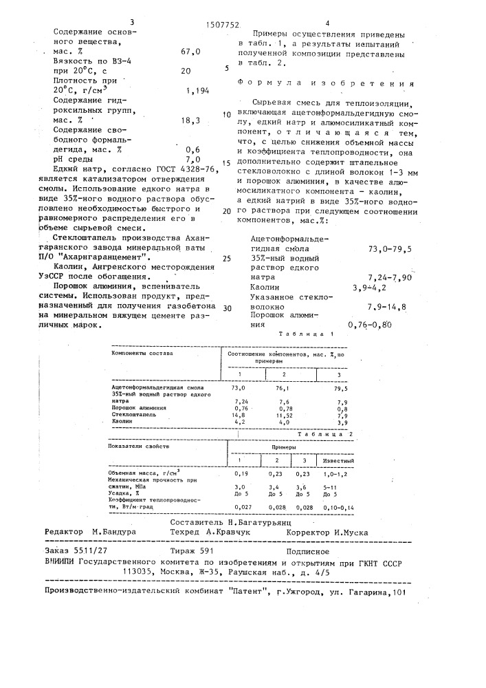 Сырьевая смесь для теплоизоляции (патент 1507752)