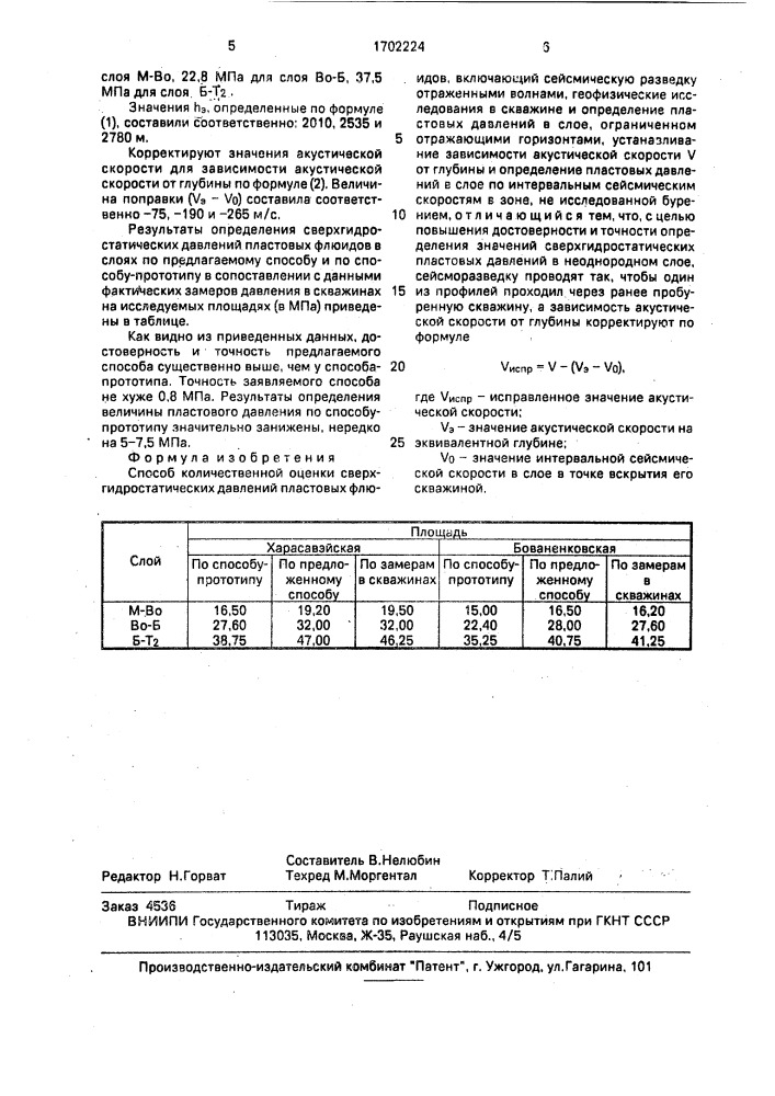 Способ количественной оценки сверхгидростатических давлений пластовых флюидов (патент 1702224)