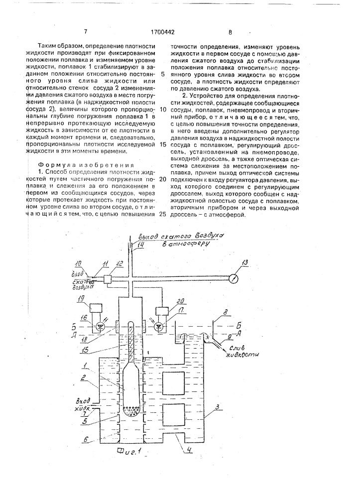 Способ определения плотности жидкостей и устройство для его осуществления (патент 1700442)