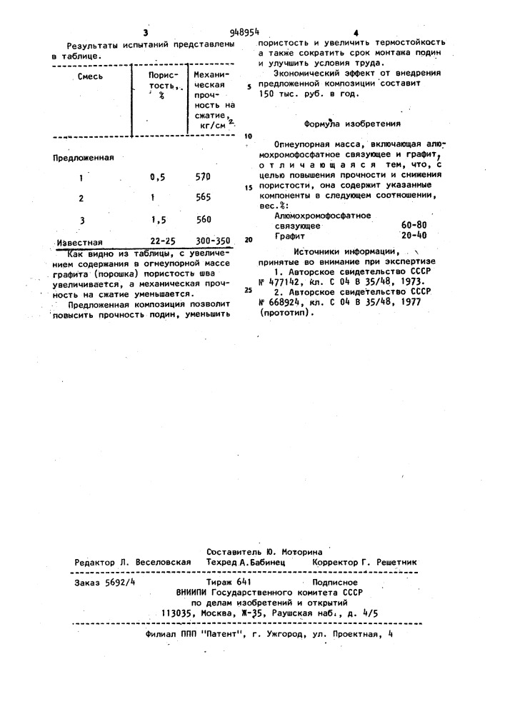 Огнеупорная масса (патент 948954)