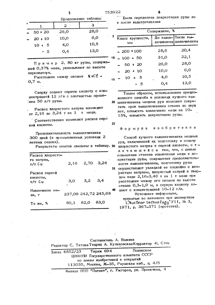 Способ кучного выщелачивания медных руд (патент 753922)