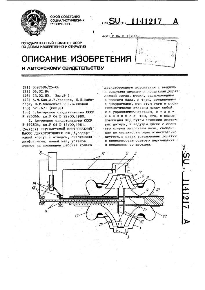 Регулируемый центробежный насос двустороннего входа (патент 1141217)