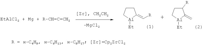 Способ совместного получения 1-этил -2-алкилиденалюминациклопентанов и 1-этил-2-метилен-3-алкилалюминациклопентанов (патент 2423370)