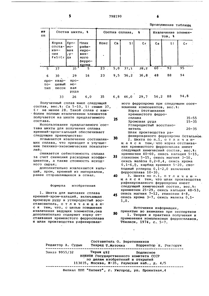 Шихта для выплавки сплавакремний-xpom-кальций (патент 798190)