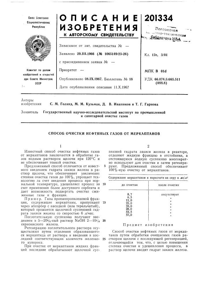 Способ очистки нефтяных газов от меркаптанов (патент 201334)