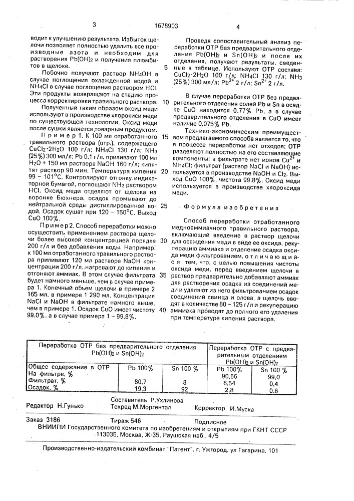 Способ переработки отработанного медноаммиачного травильного раствора (патент 1678903)
