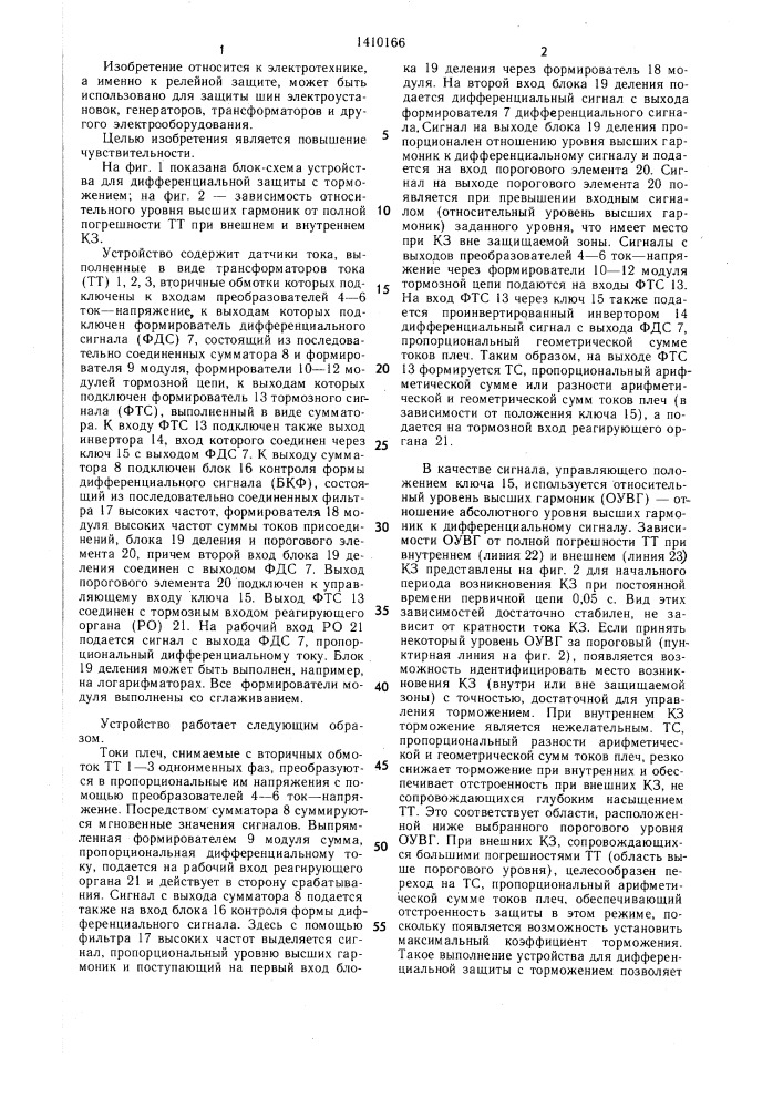 Устройство для дифференциальной защиты с торможением (патент 1410166)