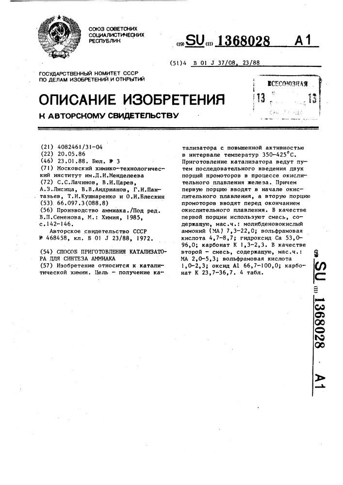 Способ приготовления катализатора для синтеза аммиака (патент 1368028)