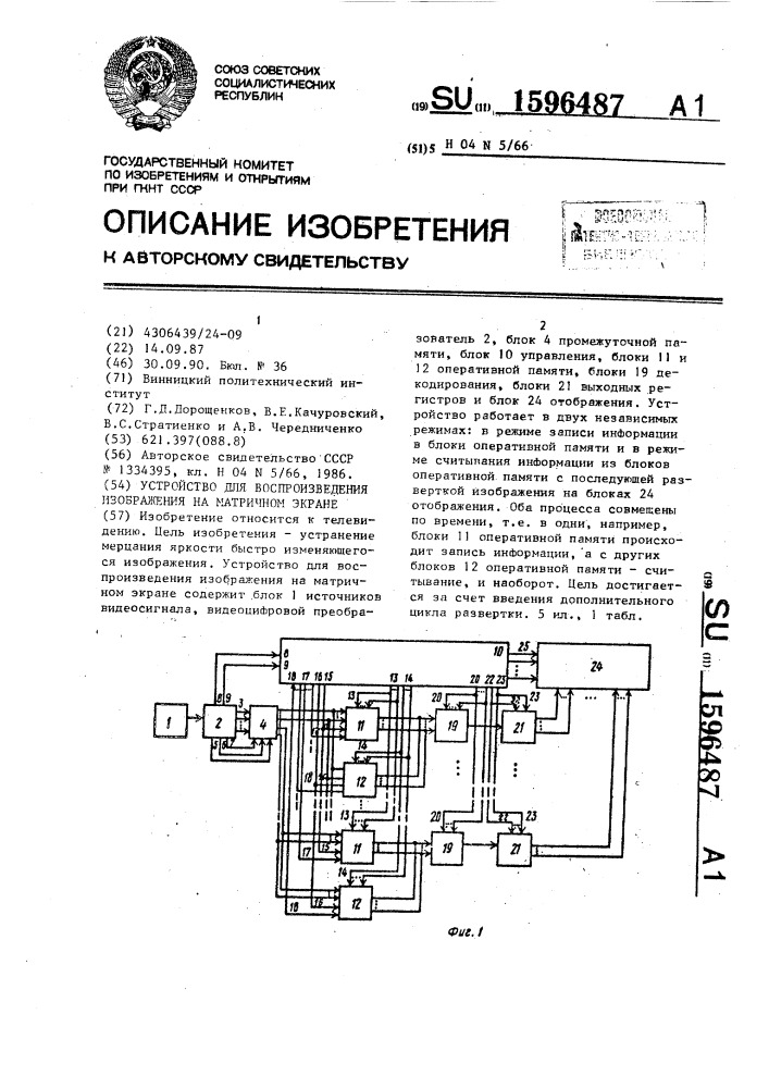 Устройство для воспроизведения изображения на матричном экране (патент 1596487)