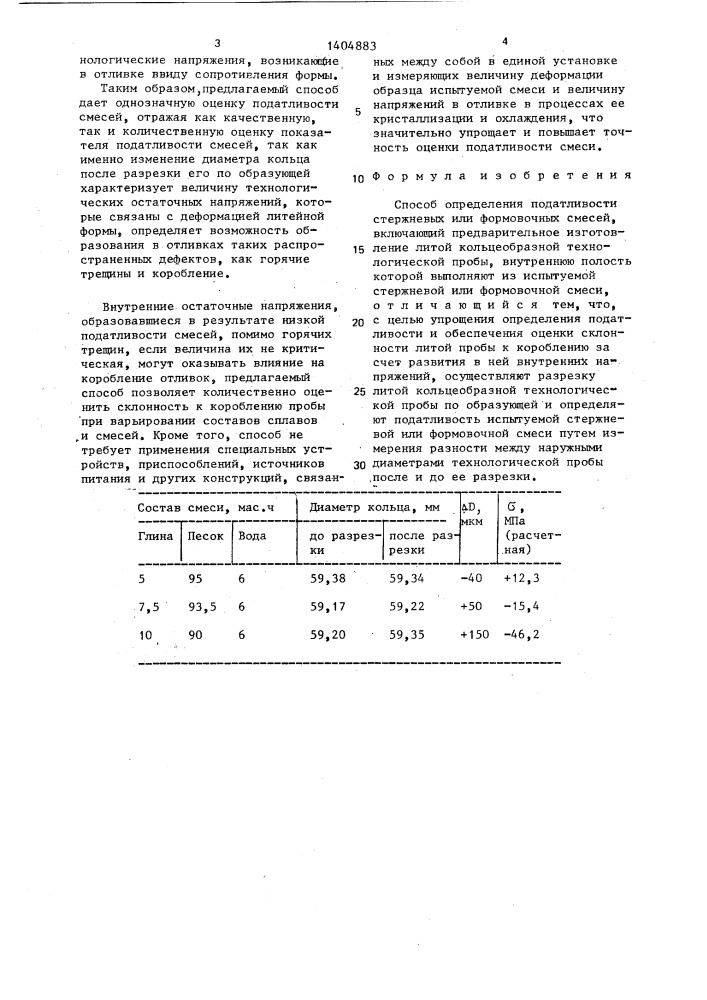 Способ определения податливости стержневых и формовочных смесей (патент 1404883)