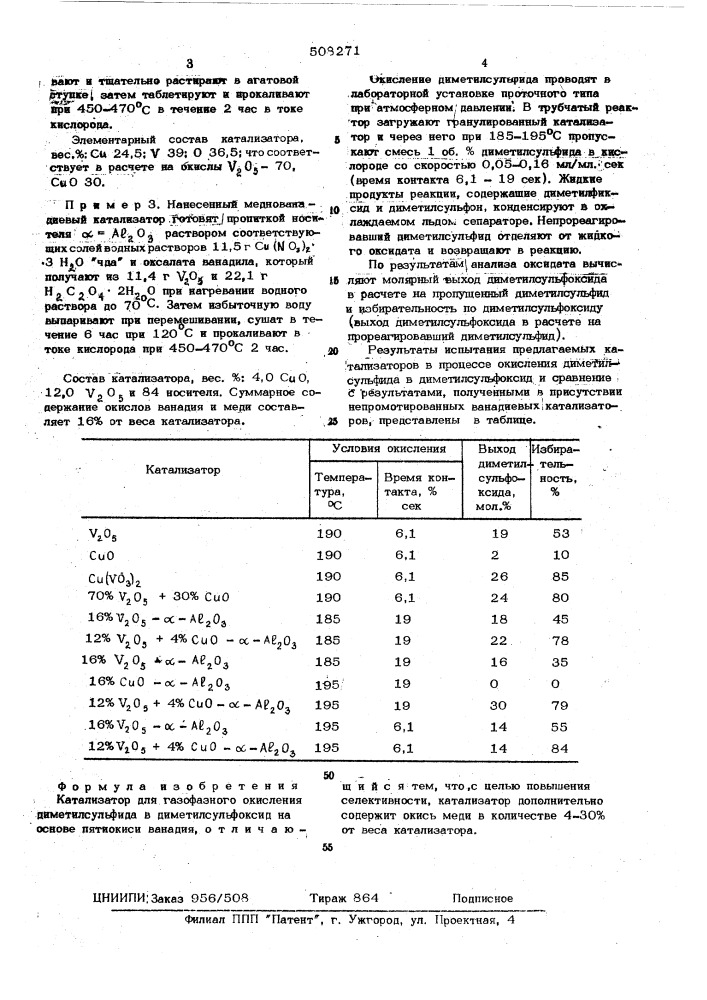 Катализатор для газофазногоокисления диметилсульфида в диметил-сульфоксид (патент 508271)