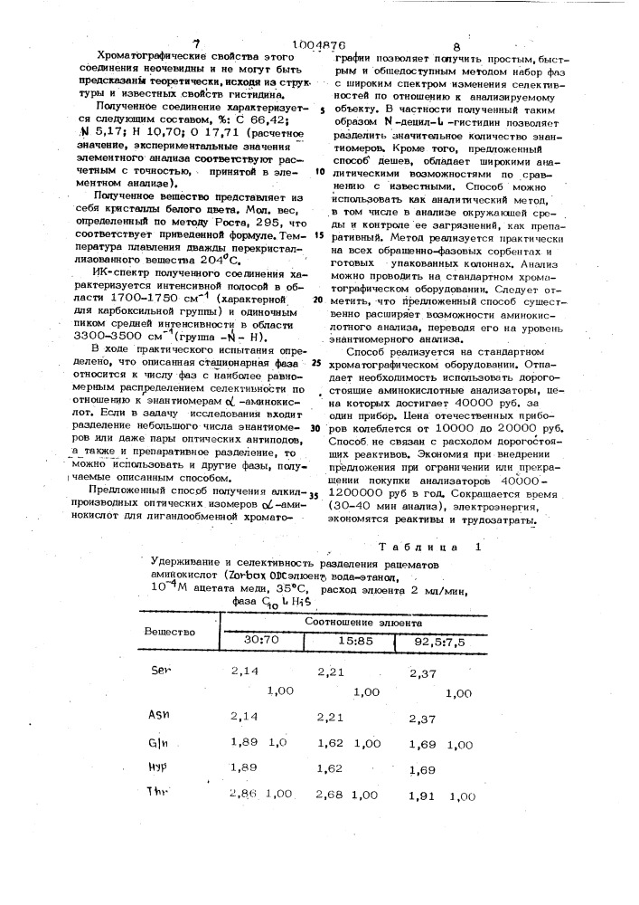 Способ лигандообменного хроматографического разделения и анализа смеси энантиомеров аминокислот и способ получения алкилпроизводных оптических изомеров аминокислоты (патент 1004876)