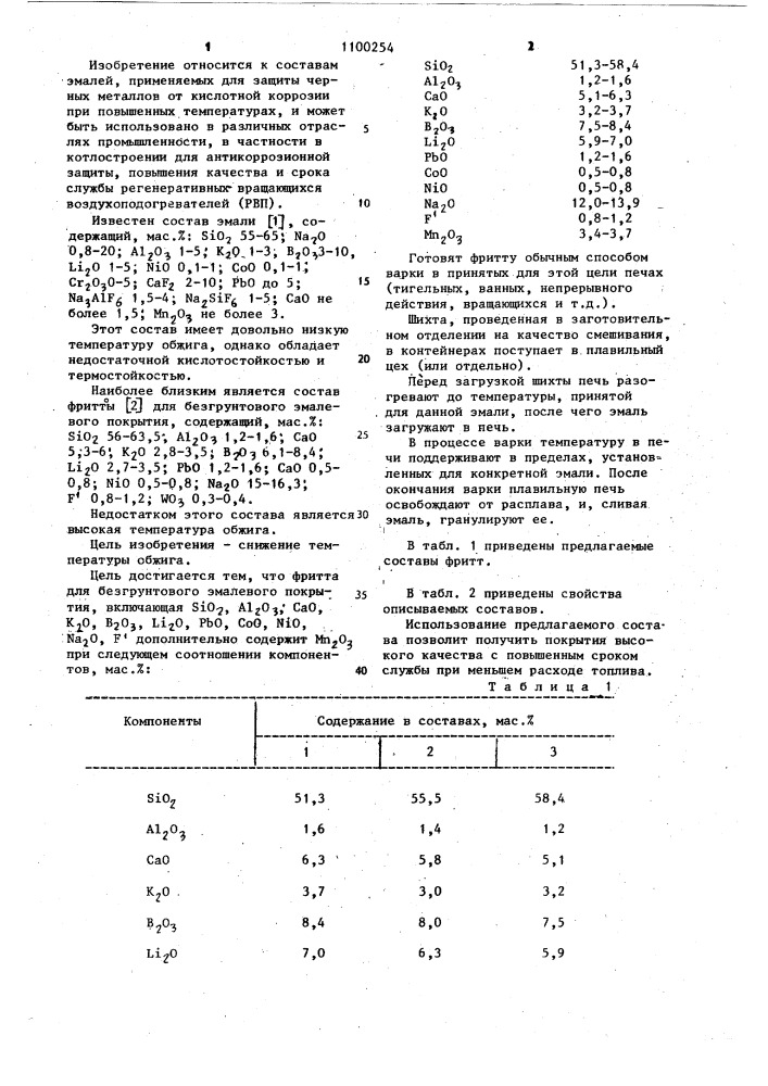 Фритта для безгрунтового эмалевого покрытия (патент 1100254)