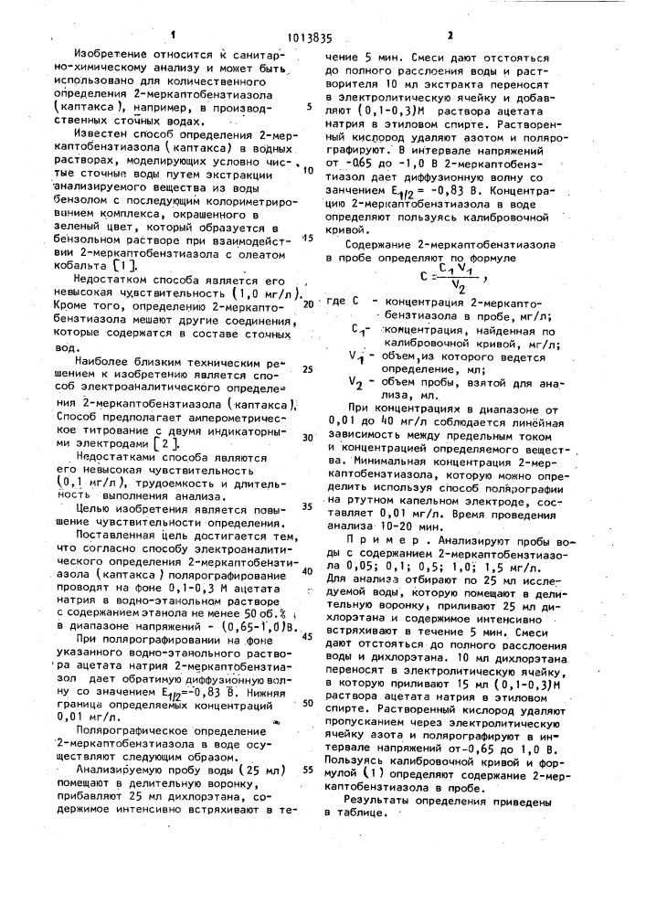 Способ полярографического определения 2-меркаптобентиазола (патент 1013835)