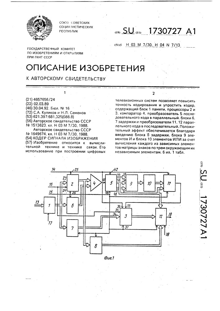 Кодер сигнала изображения (патент 1730727)