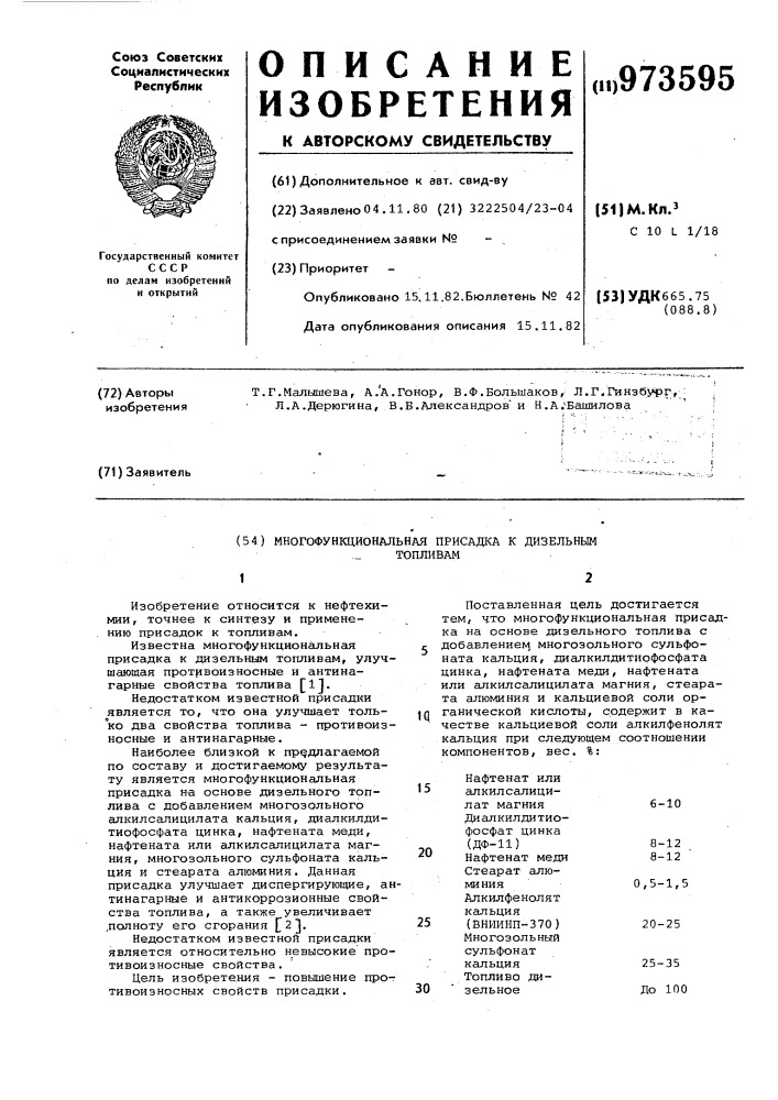 Многофункциональная присадка к дизельным топливам (патент 973595)