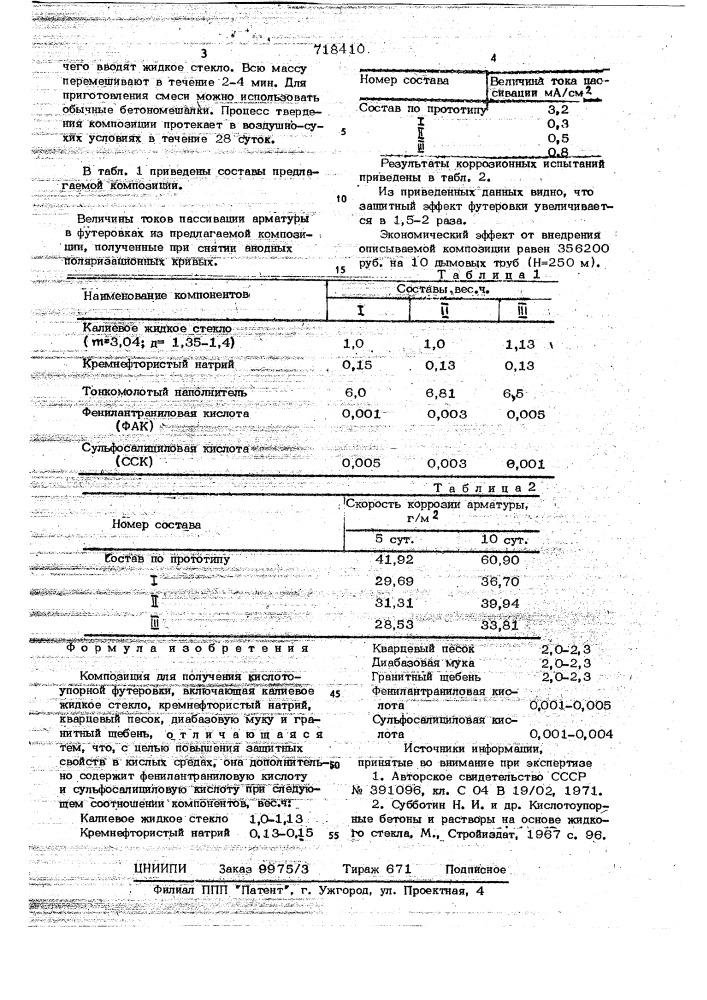 Композиция для получения кислотоупорной футеровки (патент 718410)