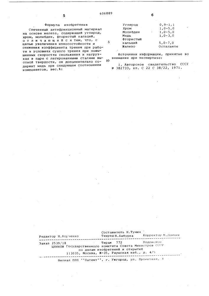 Спеченный антифрикционный материал на основе железа (патент 606889)