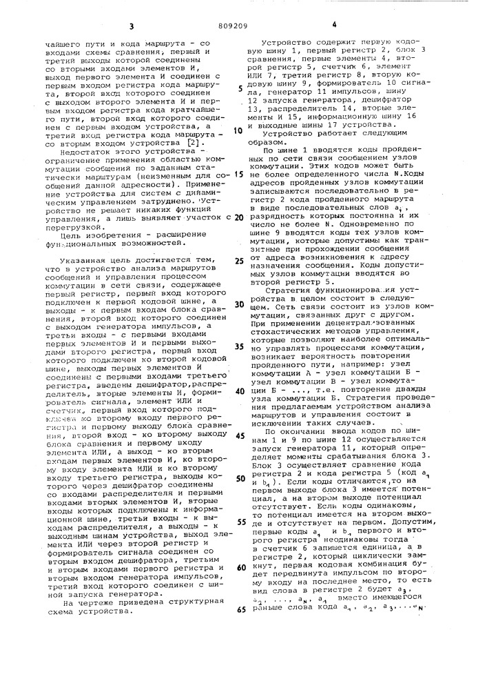 Устройство анализа маршрутовсообщений и управления процессомкоммутации b сети связи (патент 809209)