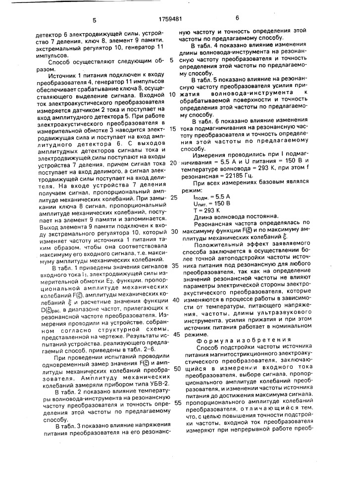 Способ подстройки частоты источника питания магнитострикционного электроакустического преобразователя (патент 1759481)