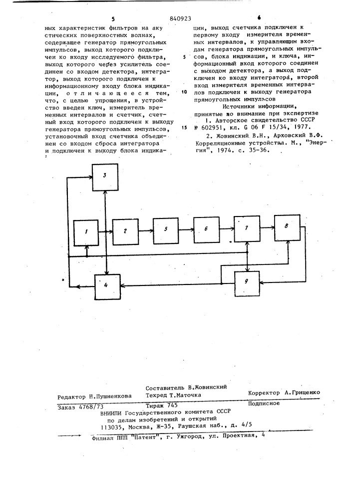 Устройство для определения автокор-реляционных функций переходных xapak-теристик фильтров ha акустическихповерхностных волнах (патент 840923)