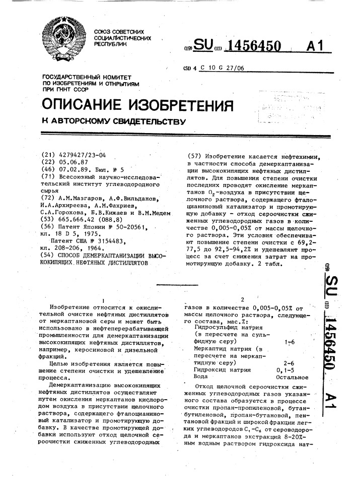 Способ демеркаптанизации высококипящих нефтяных дистиллятов (патент 1456450)