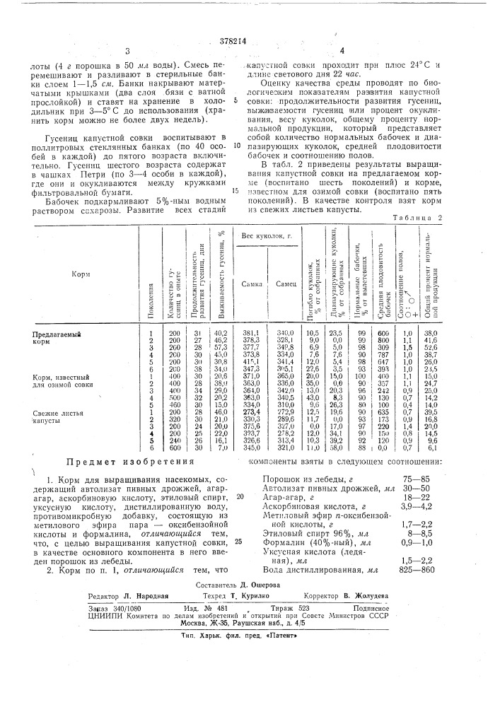Корм для выращивания насекомыхpmoiu^'-b.;^s-v;i;\uia:' (патент 378214)