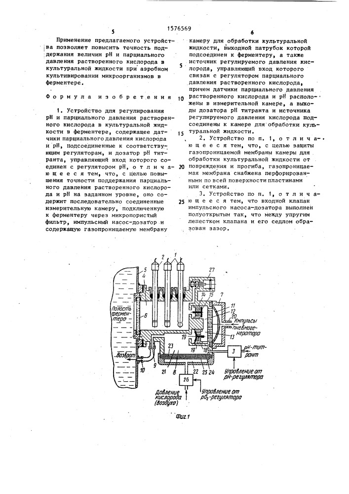 Устройство для регулирования рн и парциального давления растворенного кислорода в культуральной жидкости в ферментере (патент 1576569)