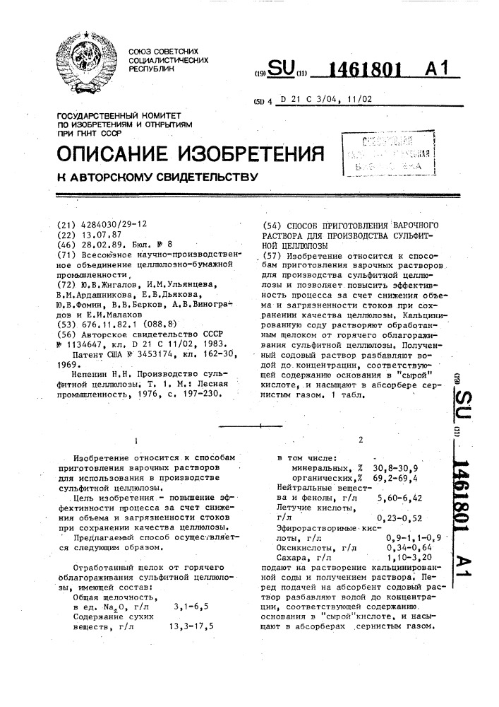 Способ приготовления варочного раствора для производства сульфитной целлюлозы (патент 1461801)
