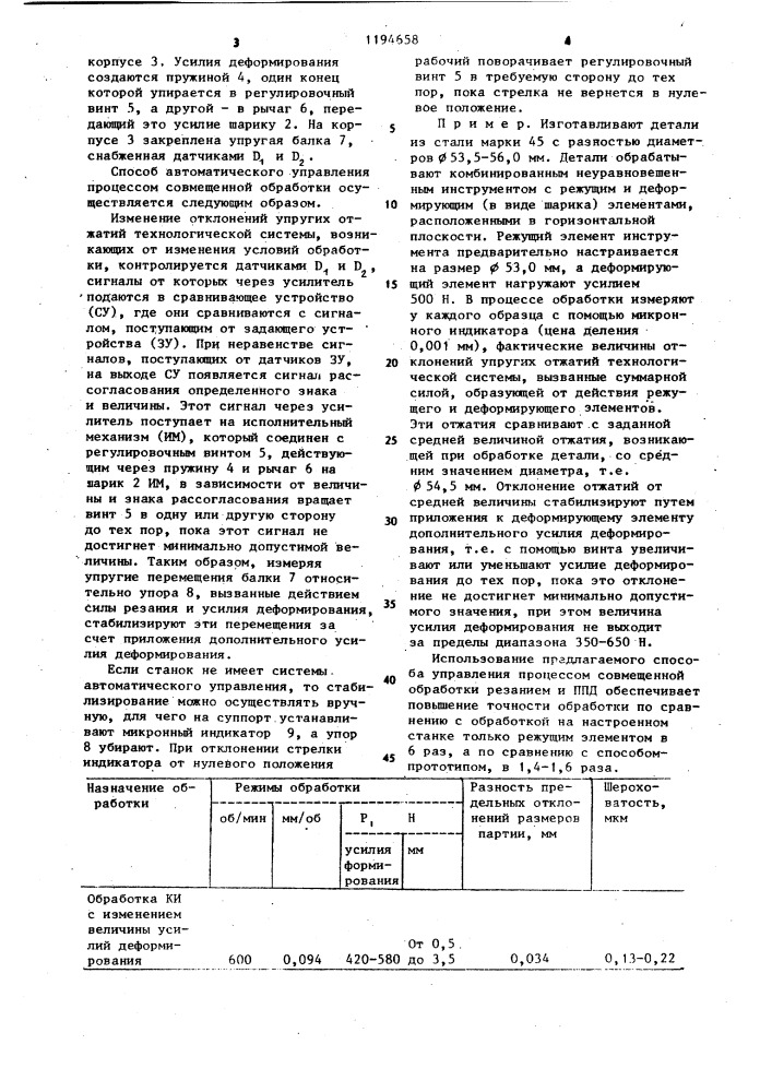 Способ управления процессом совмещенной обработки резанием и поверхностно-пластическим деформированием (патент 1194658)