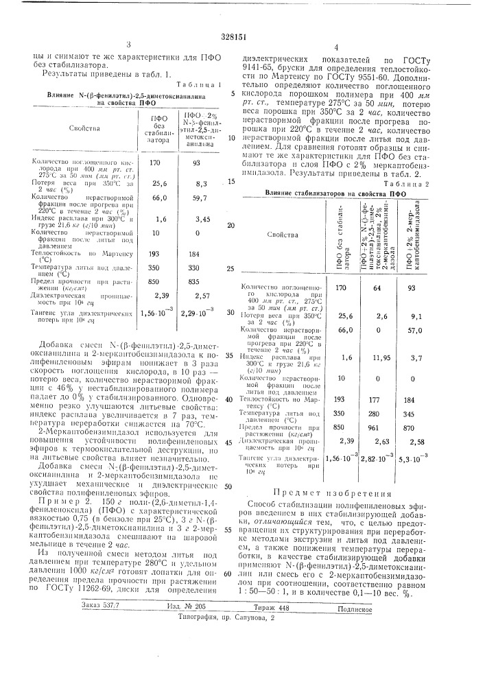 Способ стабилизации полифениленовых эфиров (патент 328151)