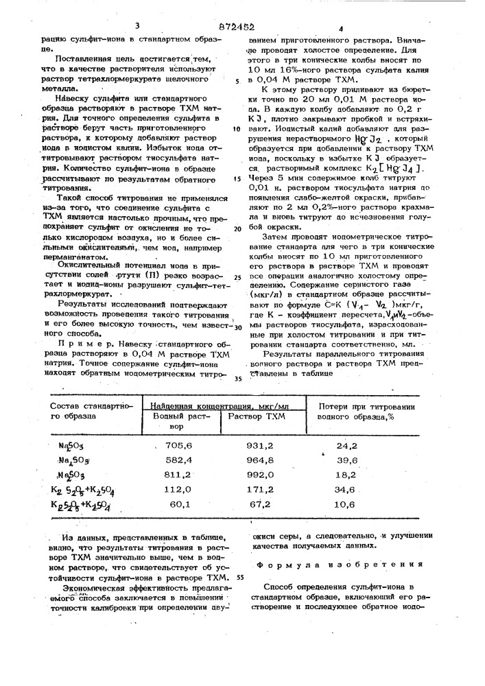 Способ определения сульфит-иона в стандартном образце (патент 872452)