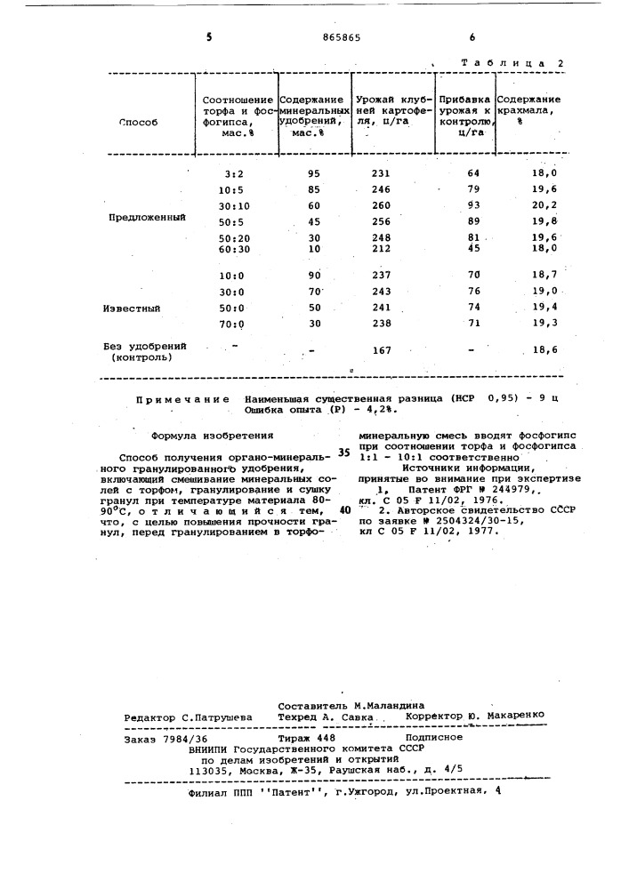 Способ получения органо-минерального гранулированного удобрения (патент 865865)