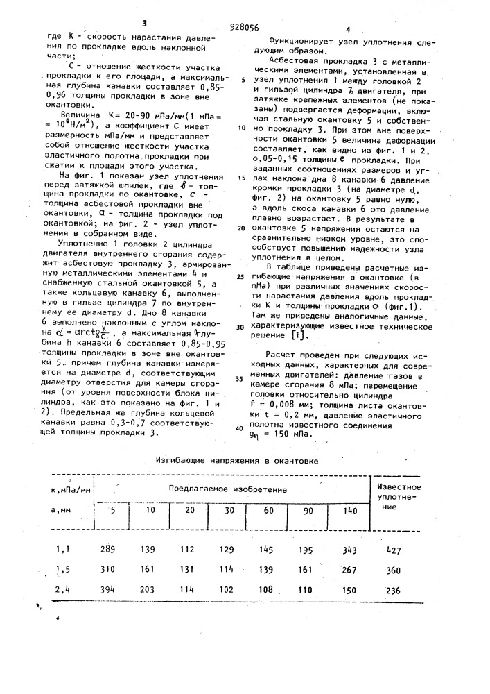 Уплотнение головки цилиндра двигателя внутреннего сгорания (патент 928056)