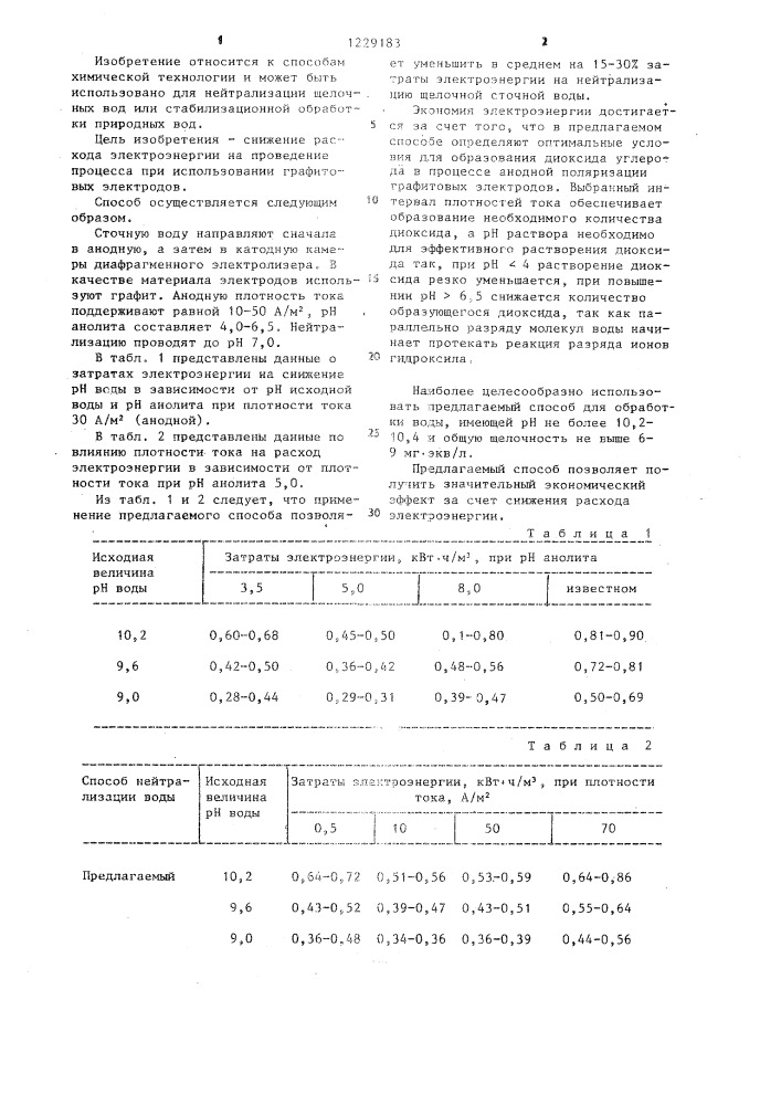 Электрохимический способ нейтрализации щелочных вод (патент 1229183)