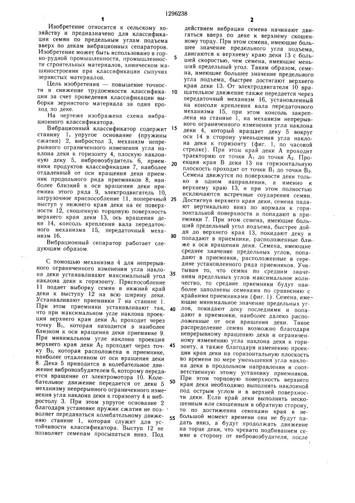 Вибрационный классификатор зернистых материалов по их предельному углу подъема (патент 1296238)
