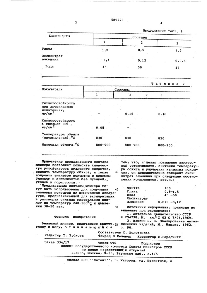 Эмалевый шликер (патент 589223)