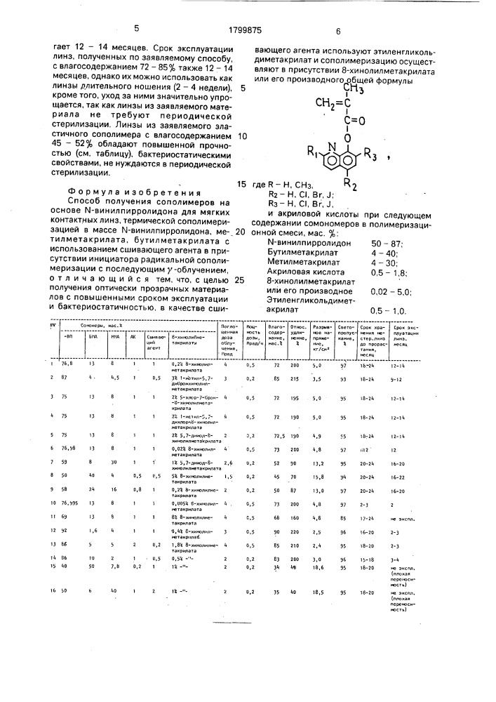 Способ получения сополимеров на основе n-винилпирролидона для мягких контактных линз (патент 1799875)