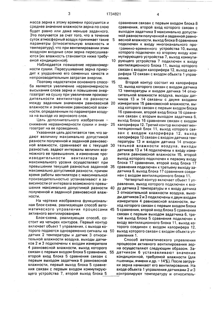 Способ автоматического управления процессом активного вентилирования зерна (патент 1734821)