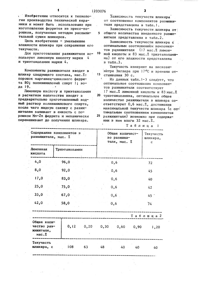 Разжижитель керамических шликеров (патент 1203076)