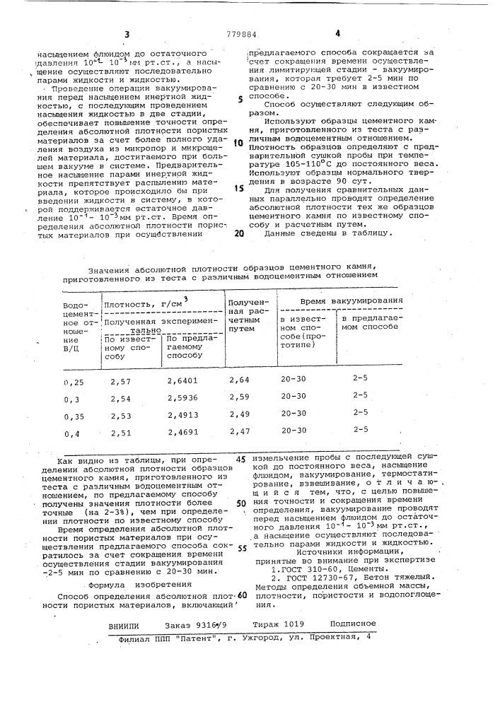 Способ определения абсолютной плотности пористых материалов (патент 779884)