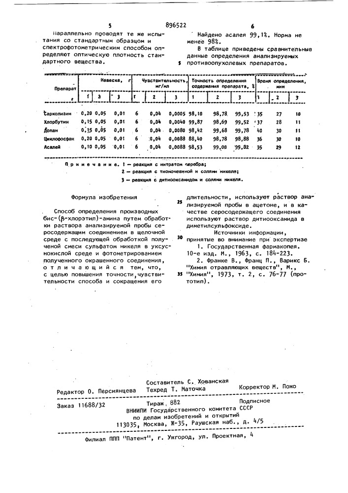 Способ определения производных бис-/ @ -хлорэтил/-амина (патент 896522)