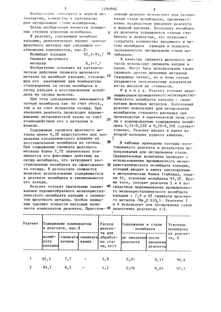 Реагент для легирования стали молибденом (патент 1294860)