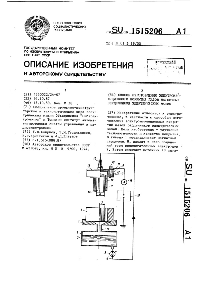 Способ изготовления электроизоляционного покрытия пазов магнитных сердечников электрических машин (патент 1515206)