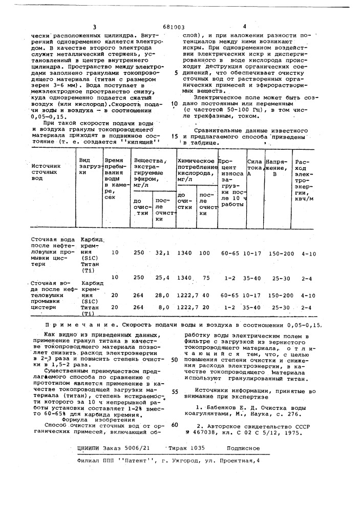 Способ очистки сточных вод от органических примесей (патент 681003)