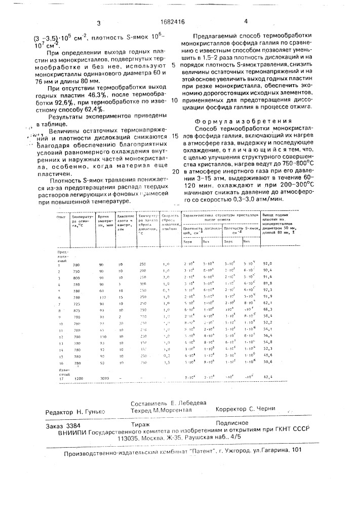Способ термообработки монокристаллов фосфида галлия (патент 1682416)