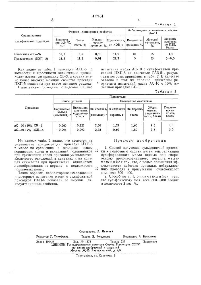 Способ получения сульфонатной присадки к смазочным маслам (патент 417464)