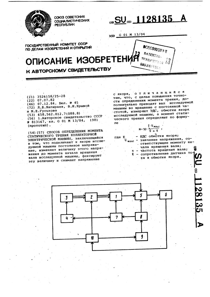 Способ определения момента статического трения коллекторной электрической машины (патент 1128135)